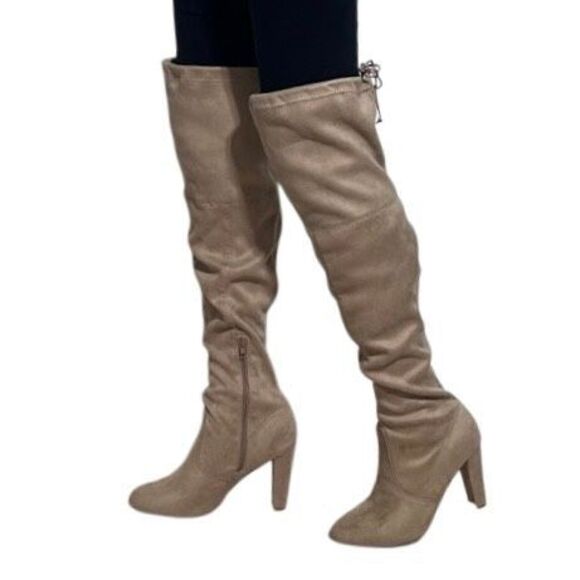 NWOT Over The Knee Heeled Boots Women's Size 8.5 Tan Thigh High Inside Zipper - Picture 1 of 5